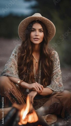 a young woman with long wavy brown hair wearing a bohemian-style outf photo