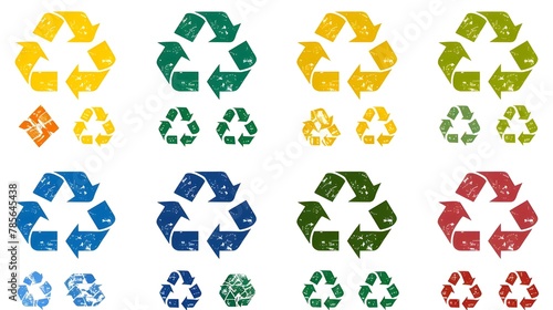 Recycling eco symbol illustration icon set multiple colors, Recycle sign multiple colours set, Flat recycling icon set on round color background. 8 color variations included Ai generated 