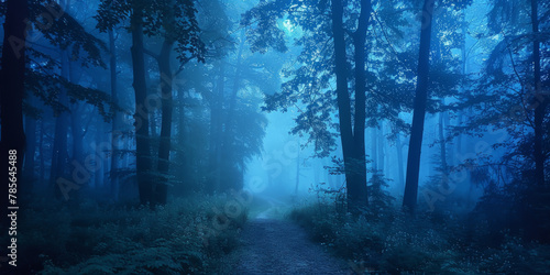 Mysterious Foggy Forest Path at Twilight
