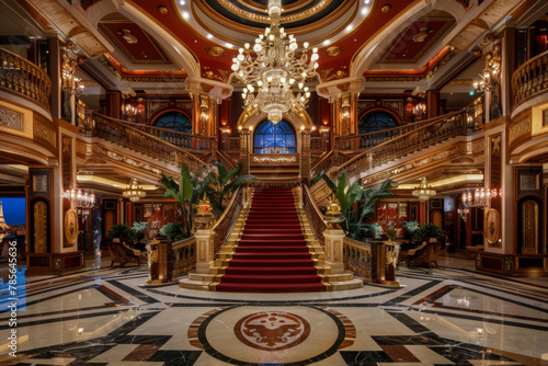 Luxurious Casino Lobby with Grand Staircase and Chandelier