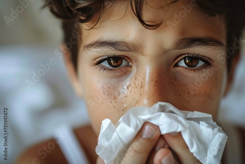 Close-up of kid relieving cold with tissue photo