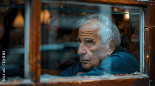 An old man looking through the window of a pawn shop considering selling his belongings. © Finn