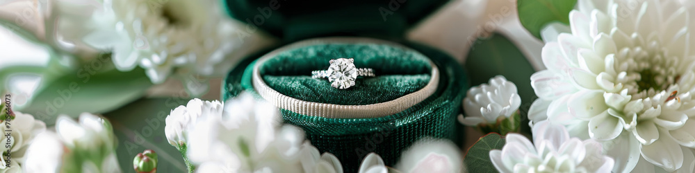 Elegant Engagement Ring in Green Velvet Box Surrounded by White Blooms Elegant Engagement Ring in Green Velvet Box Surrounded by White Blooms