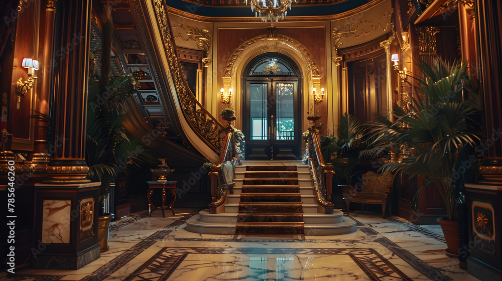An opulent entryway with a grand staircase and ornate details.
