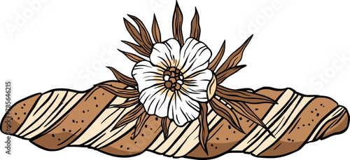 Bread loaf baguette with flowers, baking bakery vector vintage line art sketch