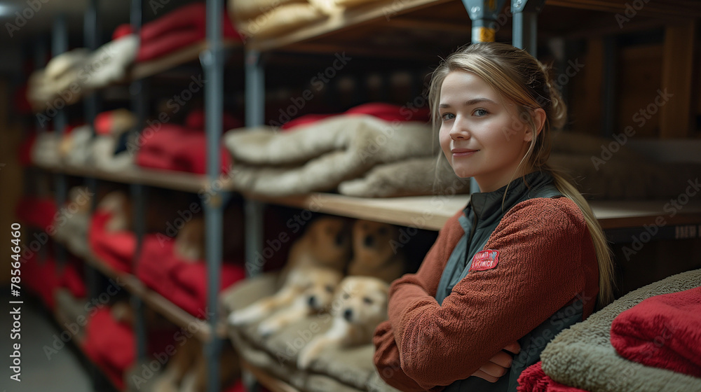 Comfort and Shelter: A caring shelter worker prepares cozy beds and blankets for the animals in their care, ensuring each creature has a warm and comfortable place to rest. From pl Comfort and Shelter: A caring shelter worker prepares cozy beds and blankets for the animals in their care, ensuring each creature has a warm and comfortable place to rest. From pl