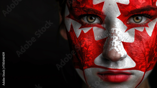 Closeup portrait of a young woman with face painted in the colors of the Canadian flag.  photo