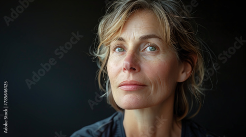 Closeup portrait of cool mature woman looking at camera on black background.