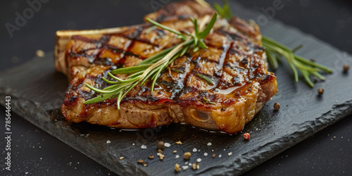 Grilled Steak with Fresh Rosemary on Slate Serving Board