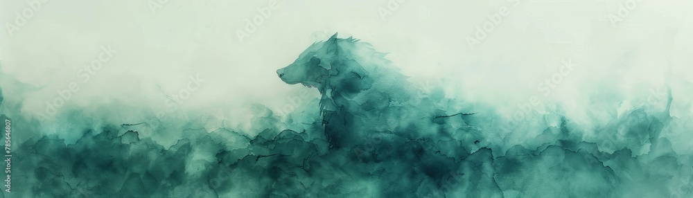 An ethereal blend of mythology and childhood innocence Cerberus, the guardian, softly painted in seafoam green and light blue on a minimalist watercolor page. - obrazy, fototapety, plakaty 