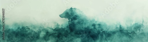 An ethereal blend of mythology and childhood innocence Cerberus, the guardian, softly painted in seafoam green and light blue on a minimalist watercolor page. photo