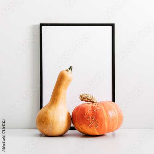 Autumn minimal composition. Thanksgiving holiday concept. Photo frame, pumpkin on white background. Front view, copy space