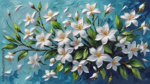 blooming jasmine branches on blue painted with oil paints	