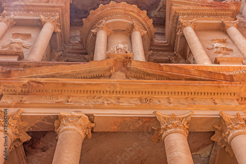 Frontal view of the entrance portal to the Treasury in the Petra archaeological site. Jordan.. Horizontally. 