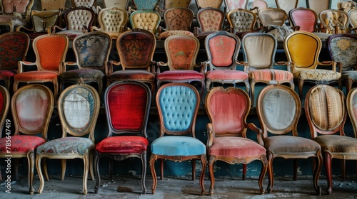 Collection of vintage chairs arranged neatly in rows  retro furniture design.