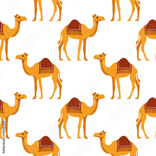 Seamless pattern with cute kawaii camels on a white background. Background for wrapping paper, wallpaper, cover. Vector