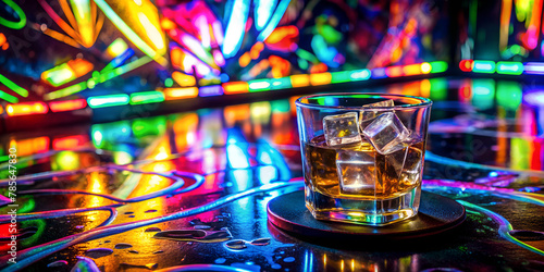 on a black lacquered table, with graffiti, colored neon lighting, there is a glass with ice cubes, Glass, ice glass, drink, glass with drink, ice, ice cubes, neon background, neon, bright background, 