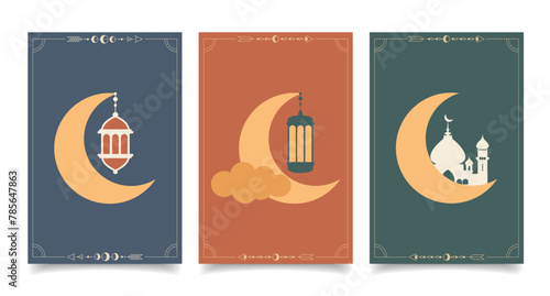 Collection of modern style Ramadan Mubarak greeting cards with retro Boho design. Windows and arches with moon, mosque dome and lanterns. Set of posters © Tatiana