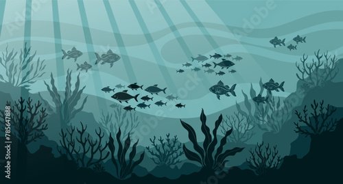 Underwater ocean landscape, algae and reefs, silhouette of a school of fish. Seabed background with ocean flora and fauna, corals, silhouettes of sea animals. Vector © Tatiana
