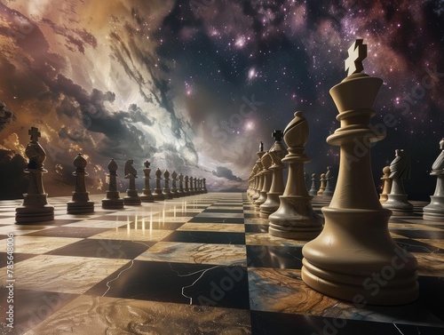 A Cosmic Battle of Gods and Mortals in Realistic Chess Game Artwork