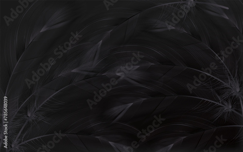 Background of flying realistic vector  goose or swan black feathers.Ecological feather filler for pillows, blankets or jackets.Vector concept design.
