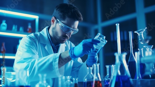 Scientist in laboratory analyzing blue substance in beaker, conducting medical research for pharmaceutical discovery, biotechnology development in healthcare.