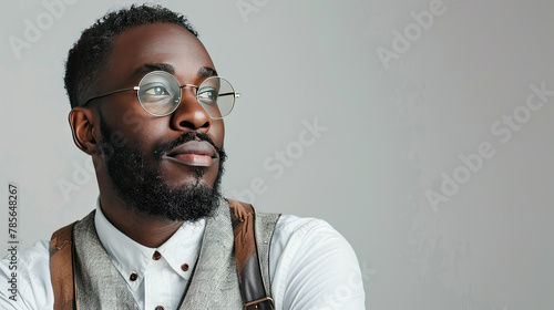 portrait of a middle aged man urban hipster style clothing wearing glasses with copy space  photo