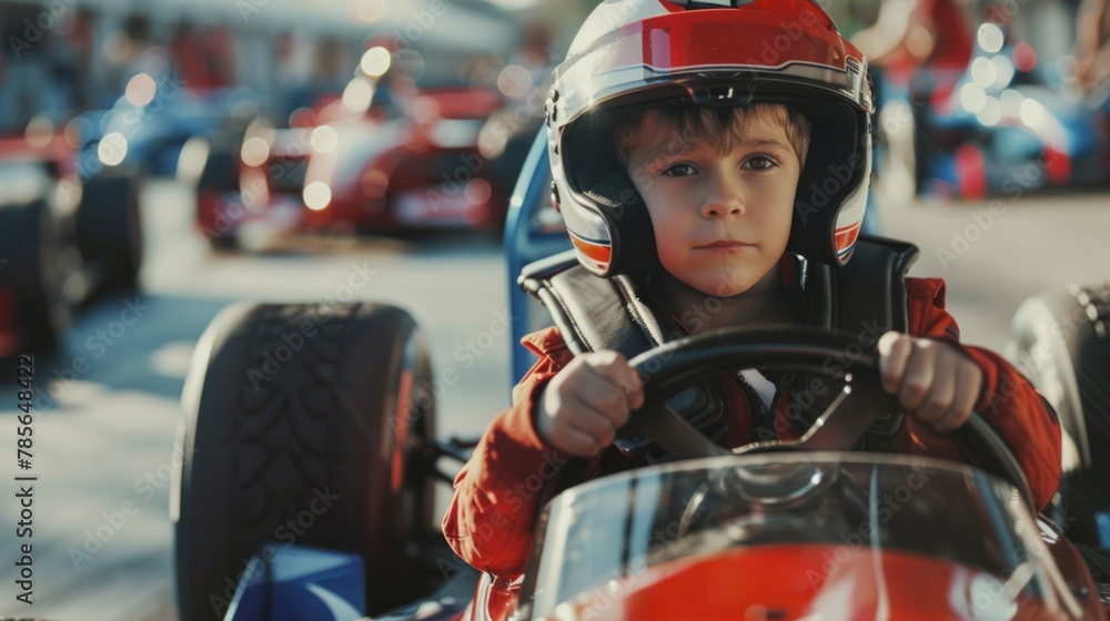 Young child geared up and focused, ready to race in a go-kart.
