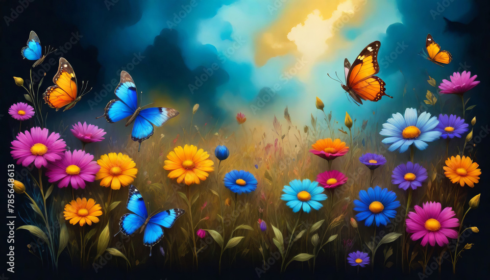 Fantasy artwork of a surreal vibrant, kaleidoscopic meadow filled with delicate and colorful butterflies and blooming, jewel-toned flowers Fantasy artwork of a surreal vibrant, kaleidoscopic meadow filled with delicate and colorful butterflies and blooming, jewel-toned flowers