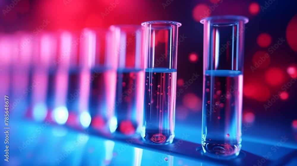 Test tube row. Concept of medical or science laboratory, liquid drop droplet with dropper in blue red tone background, close up. Test tube row. Concept of medical or science laboratory, liquid drop droplet with dropper in blue red tone background, close up.