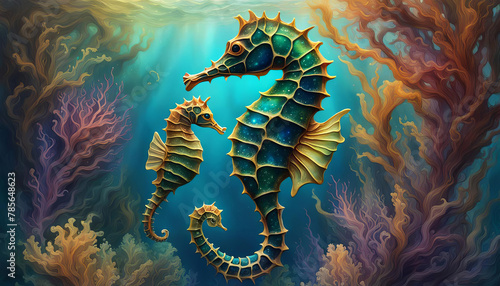 A Vibrant, Intricate Digital Illustration of a Mystical, Swirling Underwater Vibrant Seahorse in An Ethereal Oceanic Environment.
