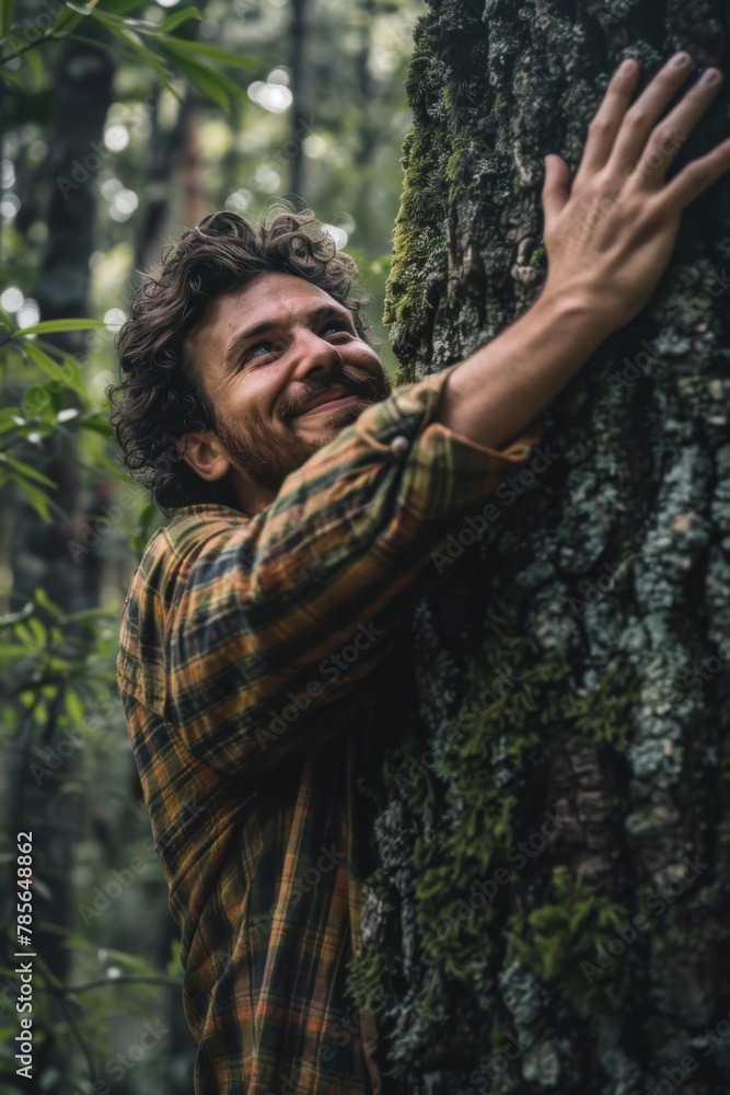 Smiling man hugging a tree in nature