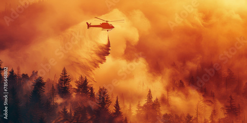 Aerial Firefighting Helicopter Dousing Forest Fire at Sunset photo