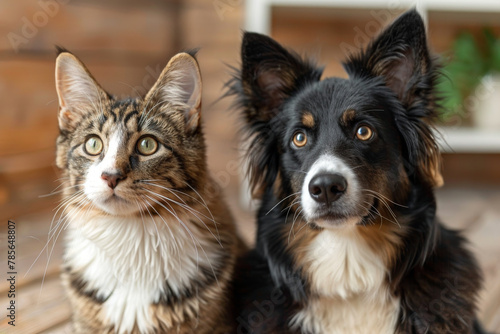 Alert Tabby Cat and Border Collie Dog Posing Together Indoors