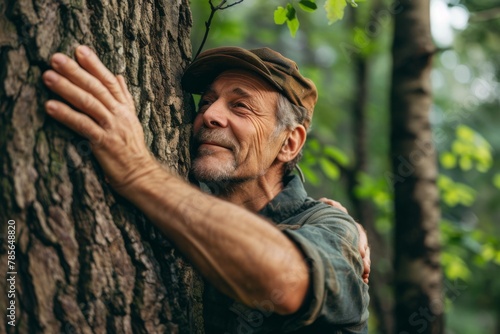Smiling senior man hugging a tree in nature