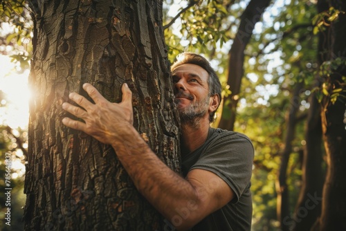 Smiling man hugging a tree in nature