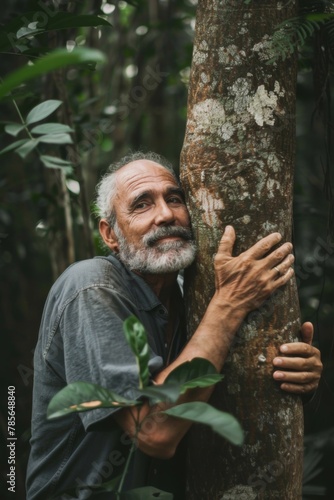 Elderly bearded man hugging a tree in the forest