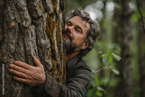 Bearded man hugging a tree in the forest
