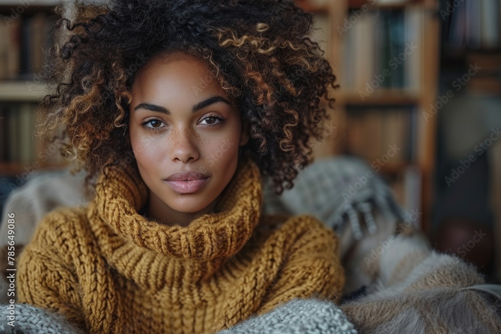 A serene young woman with curly hair wearing a yellow knitted sweater sits comfortably indoors A serene young woman with curly hair wearing a yellow knitted sweater sits comfortably indoors