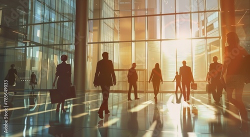 A group of business people were walking through an office building lobby, all wearing suits and carrying briefcases Generative AI
