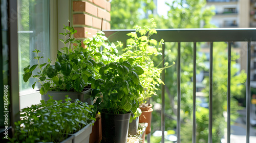 A balcony garden experiment with hydroponic systems for growing herbs like basil and cilantro showcasing modern agricultural technologies. photo