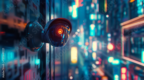 Surveillance camera and night street in blurred background. AI.