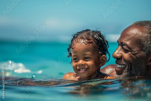 Image of a grandfather and his grandchild sharing a moment full of joy and love in clear blue water