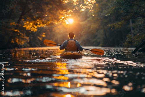A backlit image of a man kayaking alone on a serene river, surrounded by lush forest and golden light © Larisa AI