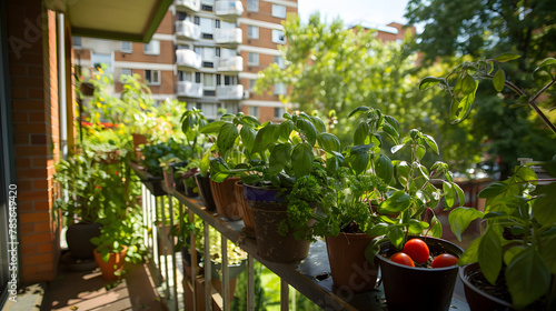 A balcony garden focused on companion planting with herbs like basil and tomatoes growing together to promote mutual growth and deter pests.