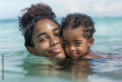 An adult woman with a bright smile holding a young child in the water, embracing motherhood