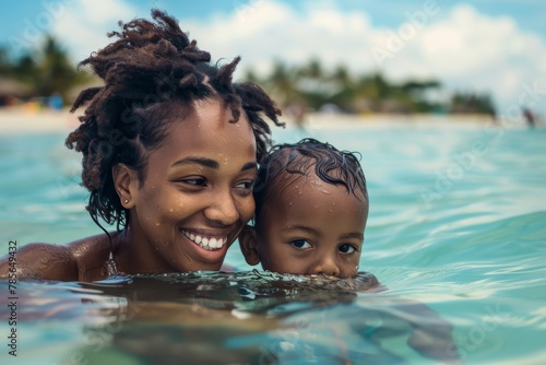 Woman smiling with a child in the ocean, capturing a moment of joy and connection