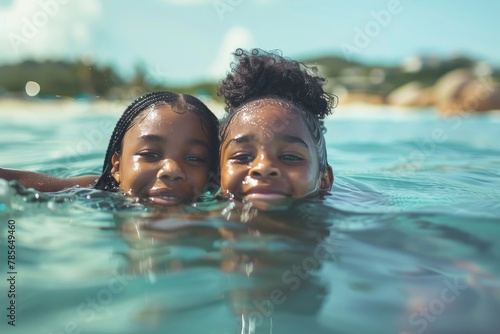 Two young girls playfully smiling together in clear blue water, depicting joy and sibling love