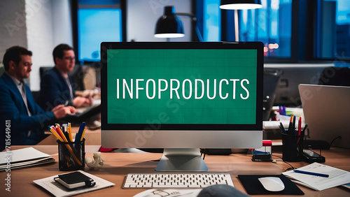 On an office desktop computer, the word Infoproducts is written on the screen photo