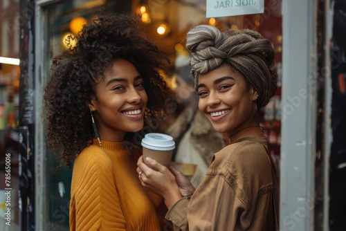 Two women standing in a city street holding coffee, wearing vibrant colors and sharing a contagious smile